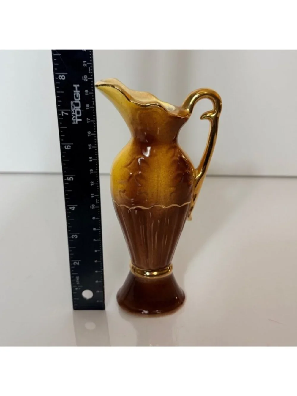 Vintage Mini Bud Vase 23K Gold Ceramic Ewer Pitcher Brown Amber Floral